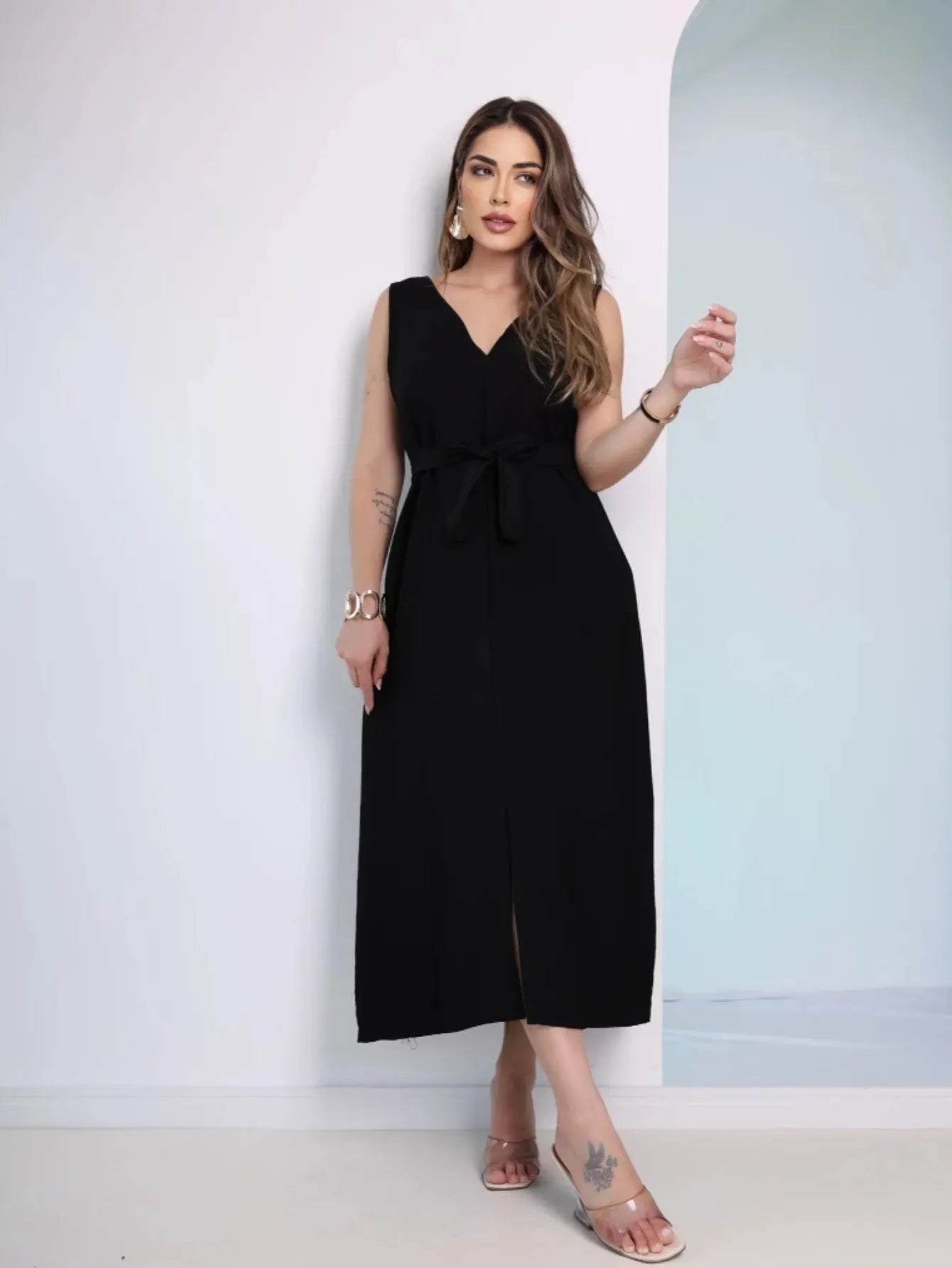 Vestido Longo Alfaiataria Sensorial sem Manga com Cinto