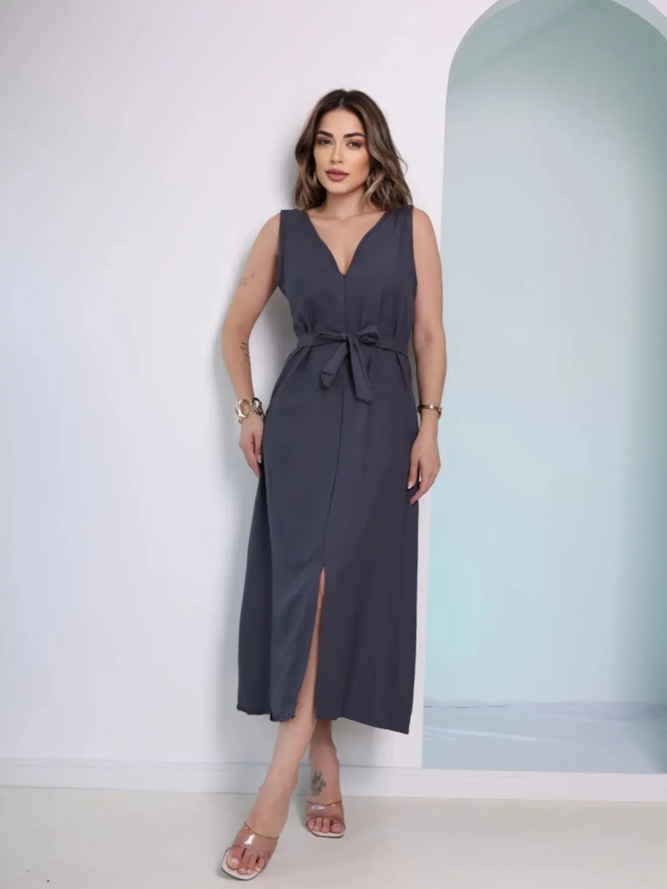 Vestido Longo Alfaiataria Sensorial sem Manga com Cinto