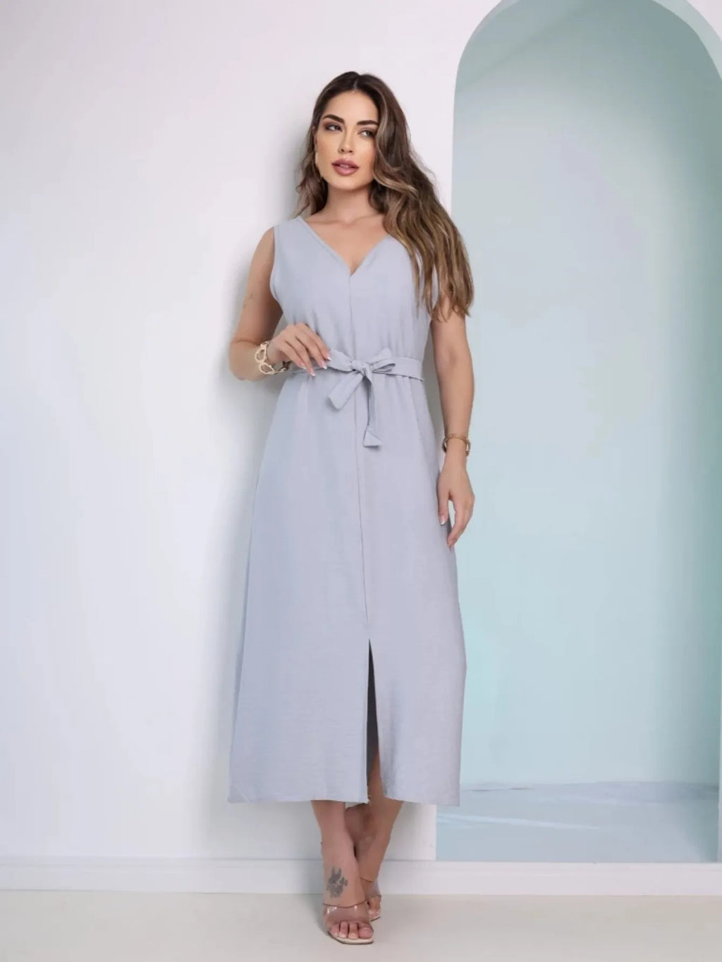 Vestido Longo Alfaiataria Sensorial sem Manga com Cinto